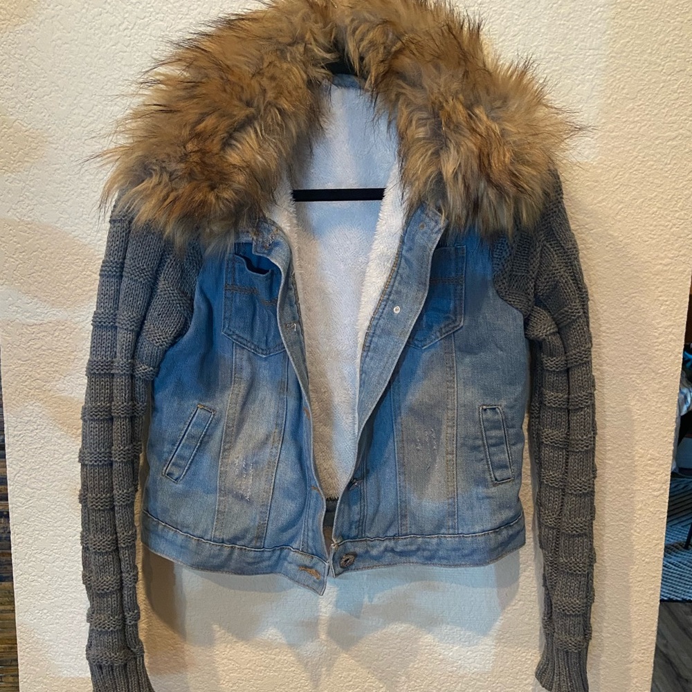 Warm Jean jacket with knit sleeves. New.
